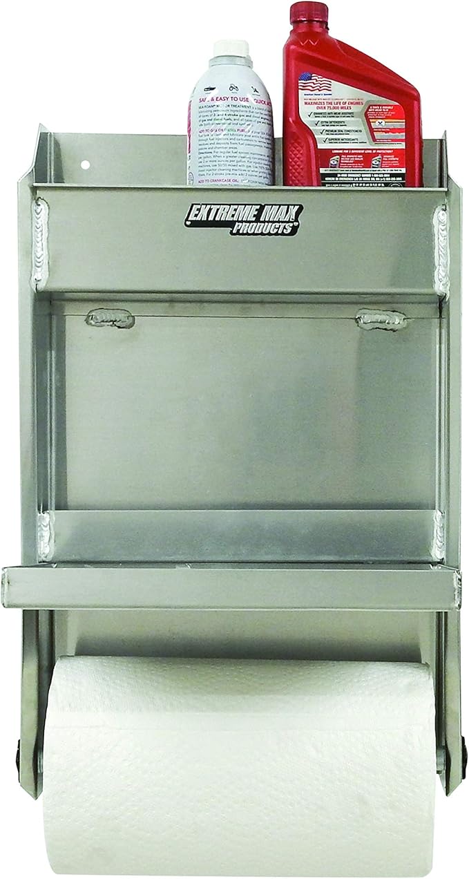 Extreme Max 5001.6053 Junior Aluminum Work Station Storage Cabinet Flip-Out Work Tray with Paper Towel Rack Organizer for Enclosed Race Trailer Shop Garage Storage,Silver