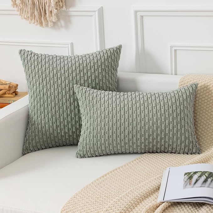 Kevin Textile Soft Corduroy 12"x20" Lumbar Pillow Cover 1 Pack, Grey Green | Boho Stripe Plush Corduroy Decorative Oblong Cushion Cover Modern Farmhouse Home Decor for Sofa Couch Bed Chair