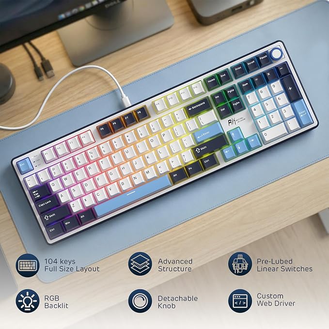 RK ROYAL KLUDGE X104 Wired Full Size Mechanical Gaming Keyboard, Metal Knob | Creamy Keyboard with Number Pad,104 Keys RGB Computer Keyboard Hot Swappable Linear Switch, Online Software for Wins/Mac