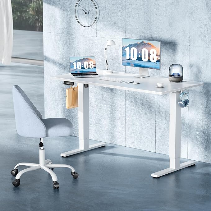 DUMOS 48 Inch Electric Standing Desk, Memory Adjustable Home Office Desk | Sit Stand Up Desk for Work Home Office,Adjustable Desk, Rising Computer Table with Splice Board,Cable Management,Hook,White