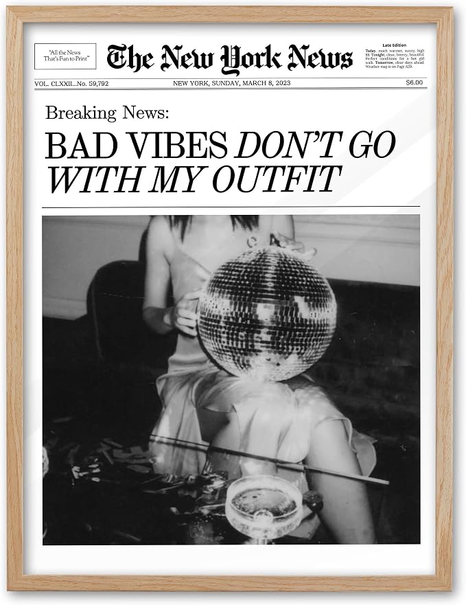 EcoHest 12x16 in Bad Vibes Don't Go With My Outfit Framed Wall Art | Natural Oak Wood Frame, Canvas Wall Art, Disco Fashion Newspaper Wall Decor for Bedroom, Apartment, Dorm, College Room, 1Pack