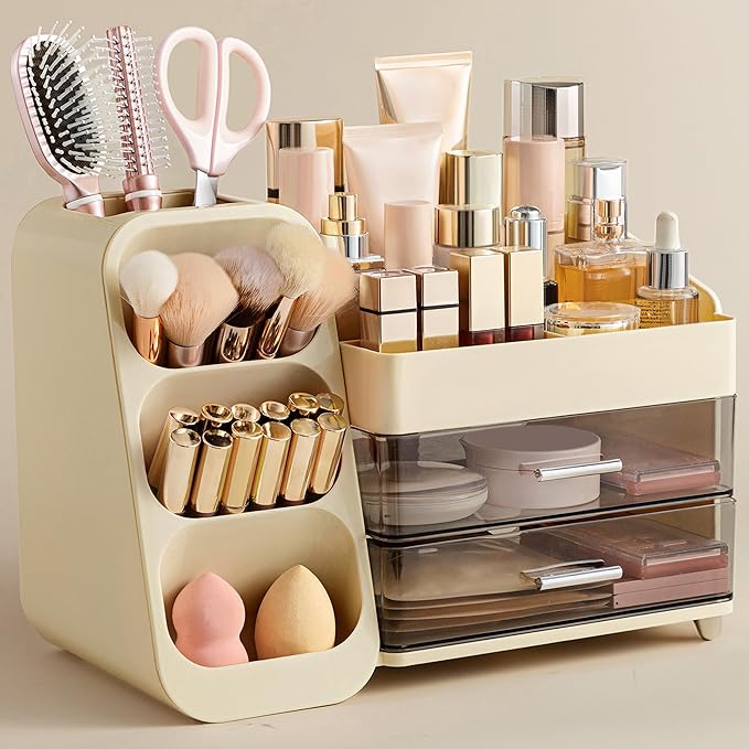 HBlife Makeup Organizer with Brush Holder for Vanity, Large Plastic Bathroom Countertop Organizer Skin Care Storage, Easy to Store Lipsticks, Nail Polishes, Perfumes, Eyeshadow Palettes, Beige