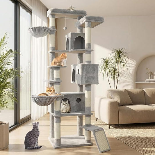 84.6" Multi-Level Tall Cat Tree Tower for Indoor Kitties Larger Cat Condo Furniture with Hammock Cozy Perches Sisal Scratching Posts XXL Pet House (84.6 inch Light Gray)