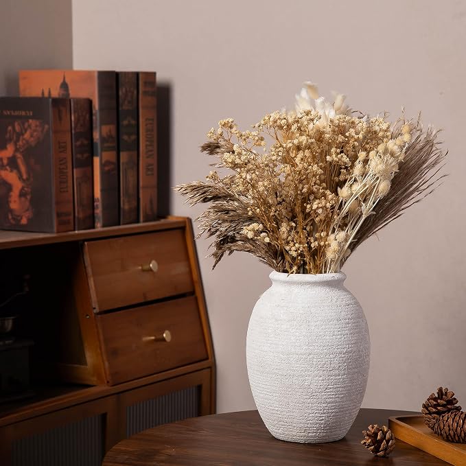 8 Inch White Ceramic Vase - Rustic Vintage Decorative Vase for Home - Farmhouse Pottery Vase for Flowers - Christmas Vase - Modern Vintage Dining Table Centerpiece ， Lyeec Vases Set
