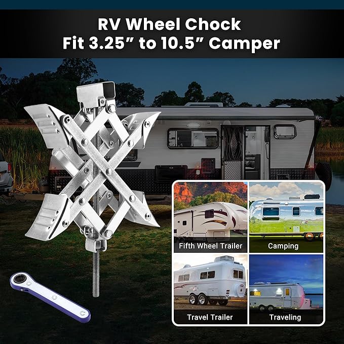 X-Shaped RV Wheel Chock Fit 3.25” to 10.5” Camper Wheel Chock Stabilizer Scissor with Accessories Pair for Travel Trailer, Heavy Duty Tire Wheel Chock Scissor Locking X Chock, 2Pack