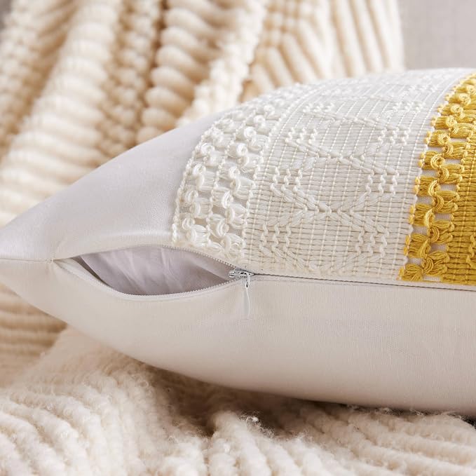 2pk Boho Pillow Covers 20x20, Natural White/Contrast/Mustard Yellow | 100% Organic Cotton Body, Stripe Embroidery, Farmhouse Decorative Cushion Covers for Sofa Bed Living Room Home Decor