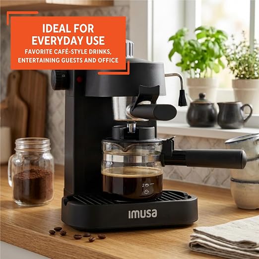 IMUSA 4 Cup Electric Espresso Cappuccino Coffee Maker, Black | Matte Finish, Milk Frother for Creamy Foam, Cappuccino and Latte Preparation, Perfect for Home Baristas