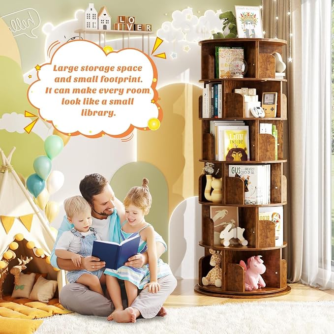 Aheaplus Rotating Bookshelf, 360 Display Wood Spinning Bookshelf Tower, 5 Tier Floor Standing Bookcase Storage Rack, Revolving Bookcase Corner Bookshelfs for Small Space, Study, Bed Room, Rustic Brown