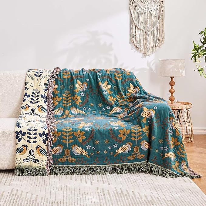 XIBLC Boho Throw Blanket, 100% Cotton Ultra Soft Luxury Throw Rustic Quilt, 60"x80" Floral Printed Farmhouse Decor Bed Summer Blankets, All Season Rustic Reversible Bohemian Throw for Bed - Blue