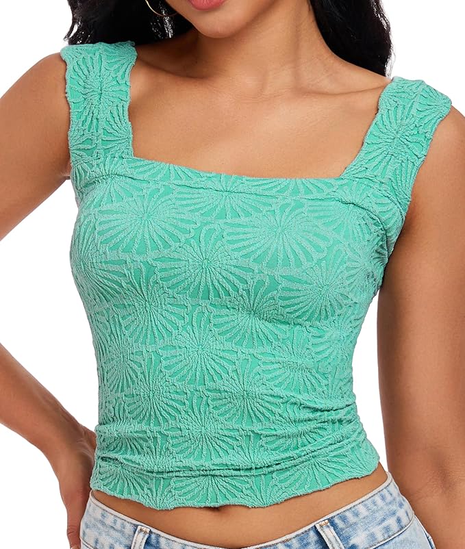 Women's Square Neck Wide Strap Crop Tank Tops Flower Going Out Tops Slim Fit Lettuce Trim Crop Cami Tops