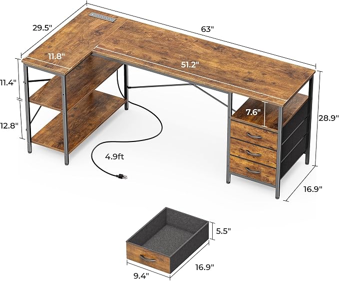 Huuger L Shaped Desk with Power Outlets, 63 Inch Reversible Computer Desk with 3 Drawers and Shelves, Home Office Table for Corner Work Study Writing Gaming, Rustic Brown