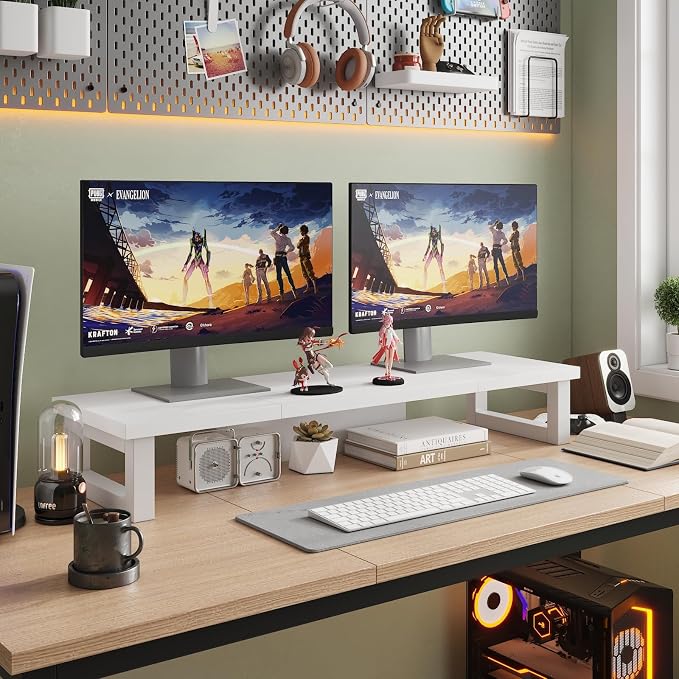 WESTREE Dual Monitor Stand Riser, Wood and Steel Monitor Stand Riser, Computer Monitor Stand for 2 Monitors, Multi-Purpose Desktop Storage Stand for Computer,Laptop,Printer,TV