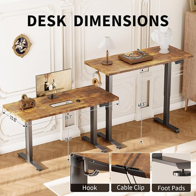 Veken Standing Desk, Brown,55×23.6 Inch | Height Adjustable Sit Stand Up Computer Tables for Home Office, Study , Writing, Suit students, employees and group work