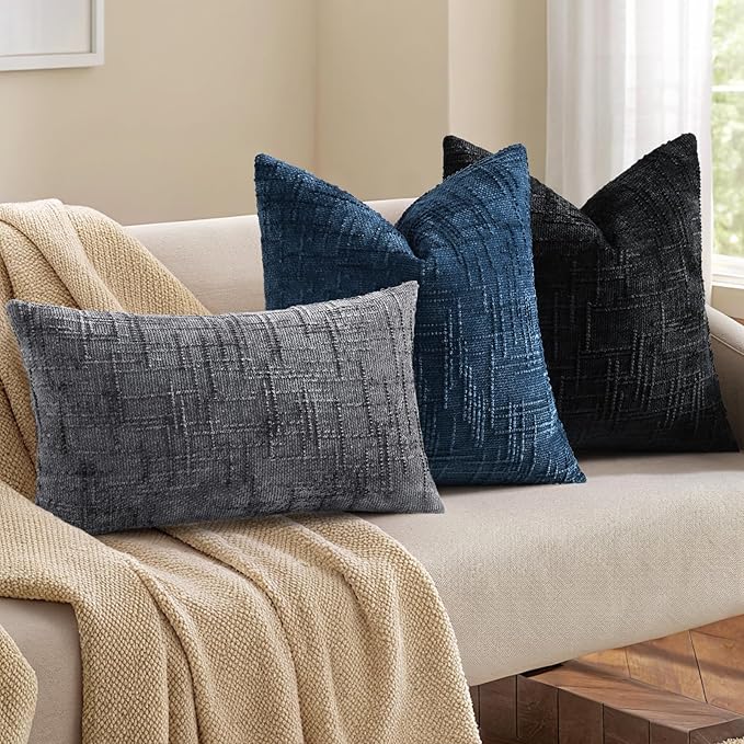 decorUhome Textured Chenille Throw Pillow Covers 16x16 Set of 2 Black | Fall Modern Farmhouse Soft Cozy Slubby Couch Pillow Cases Boho Decorative Pillow Cases for Bed Sofa Living Room Home Decor