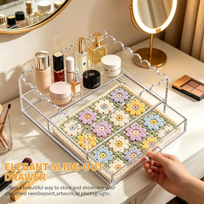 Scalloped Clear Acrylic 2-Drawer Organizer, 9" x 9" Clear Acrylic Tray for Needlepoint,Jewelry,Insert Photos, Art, Fabric, Napkin and Messages Display Basket, Decorative Tray Gift for Home Decor