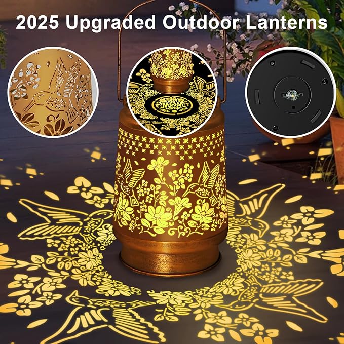 Hummingbird Solar Lanterns Outdoor Waterproof, Hanging Solar Lights Garden Decor, Metal Garden Lights for Yard, Patio, Lawn, Landscape, Christmas Gifts for Women Mom Grandma Birthday