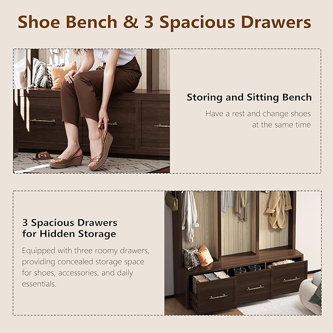 Bellemave Farmhouse Hall Tree with Bench and 3 Drawers, Entryway Bench with Coat Racks and Shoe Storage, 4 Hooks and Shelves (Walnut)