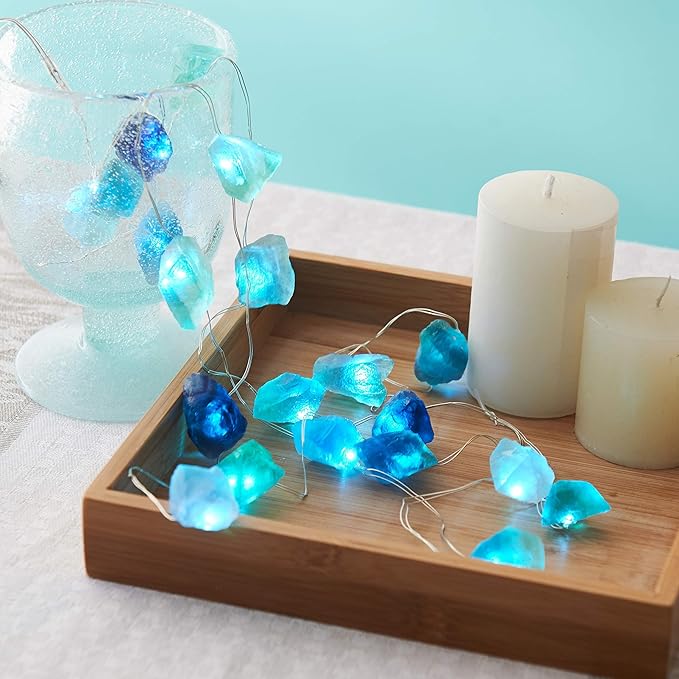 Natural Fluorite LED String Lights for Bedroom 6.5 FT USB/Battery Operated Blue Fairy Lights Sea Glass Crystal Decor Perfect Decorative Light for Bedroom Sea Glass Christmas Tree Kit