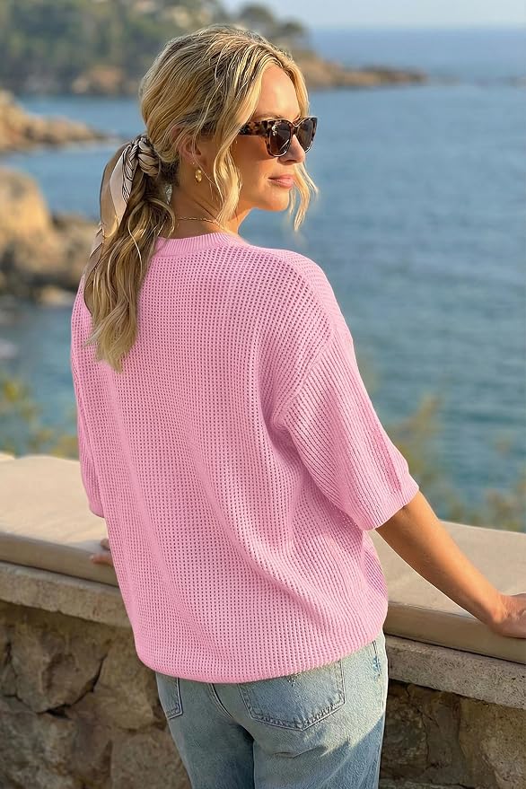 Arach&Cloz Womens Summer 100% Cotton Oversized Crochet Tops 3/4 Length Sleeve Sweater Hollow Out Casual Blouses 2026
