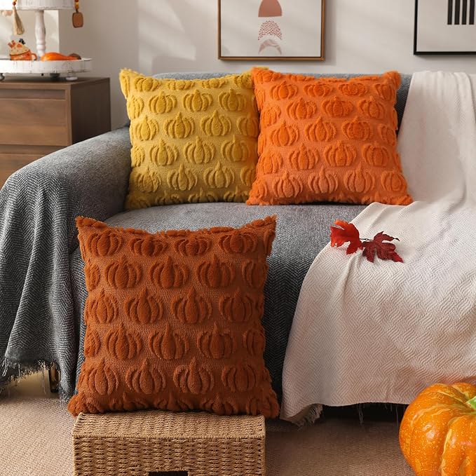 DFXSZ Fall Pillow Covers 24x24 2Pcs Rust Pumpkin Fall Decorations for Home | Fall decor Set of 2 Throw Pillow Cases Soft Plush Faux Fur Wool Couch Cushion for Chair Sofa Bedroom Living Room Home Decor