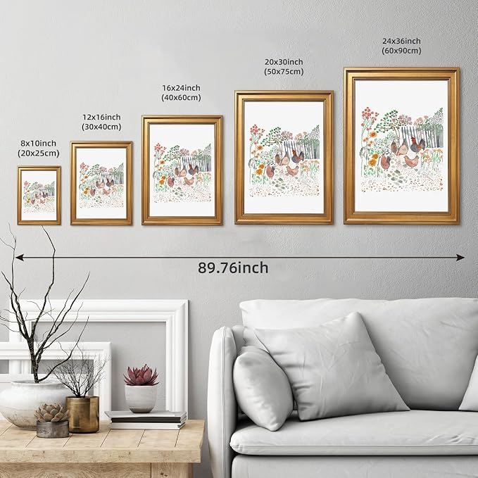 Framed Cottagecore Chicken Wall Art Painting Farmhouse Hens Print Rustic Country Farm Illustration Picture Poster Vintage Pastoral Canvas Artwork Aesthetic Cottage Home Kitchen Room Decor 16x24inch