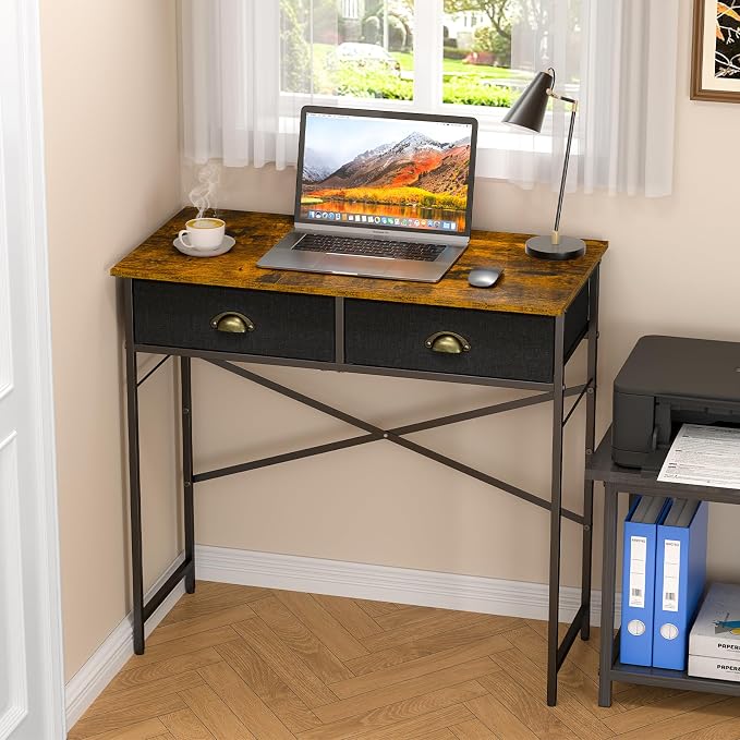 DAOUTIME Small Writing Desk for Kids Bedroom, 31.5 Inch Computer Desk for Small Spaces, Simple Desk with 2 Fabric Drawers for Home Office, Dorm, Living Room, Home Study Table, Rustic Brown