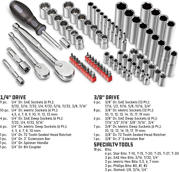 Powerbuilt 642452 80 Piece 1/4-inch and 3/8-inch Drive Mechanics Tool Set - with SAE and Metric Socket Set, 72 Tooth Seal-Head Ratchet, Automotive Tool Kit, including Case