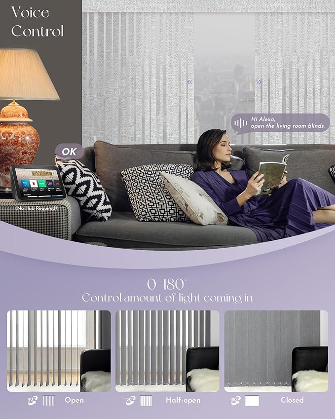 Graywind Motorized Vertical Blinds Compatible with Alexa Google Privacy Reversible Blackout Smart Vertical Blind Remote Control Track Slats Set for Home Office(Dimout Checkered Gray)