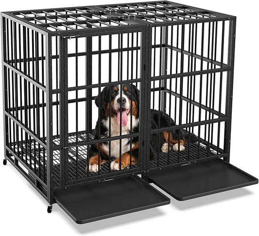 54 Inch Heavy Duty Dog Crate Indestructible XL Steel Escape Proof, Indoor High Anxiety Cage Kennel with Wheels, Removable Tray, Extra Large Kennel XL XXL