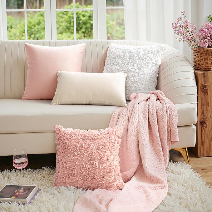 MIULEE Decorative Rose Flower Pillow Cover Pack of 1 Peach Pink 18x18 Inch | Cute Romantic Stereo Chiffon Throw Pillow Cover Aesthetic Solid Pillowcase for Girl Coquette Room Decor Coach Bedroom