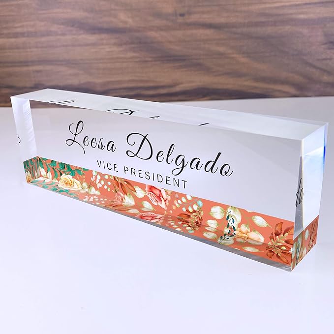 Artblox Office Desk Name Plate Personalized | Custom Name Plates for Desks | Flower Stripe Design On Clear Acrylic Glass | Office Desk Decor - (8" x 2.5")