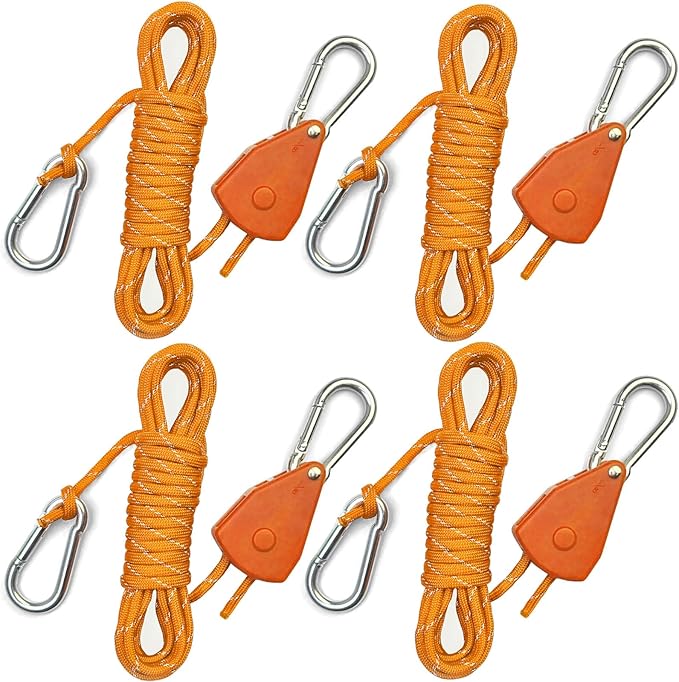 Longer 15ft Paracord Rope Tie Down Ratchet Strap Small Reflective Portable Adjustable Fix Camping Rope Tent Tarp Tie Downs Grow Plant Light Hangers Pulley Tightener Tensioner Adjuster 1/8in 4Pack