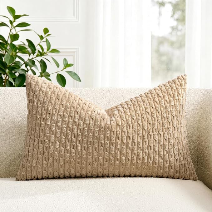 Kevin Textile Soft Corduroy 14"x22" Lumbar Pillow Cover 1 Pack, Tan | Boho Stripe Plush Corduroy Decorative Oblong Cushion Cover Modern Farmhouse Home Decor for Sofa Couch Bed Chair