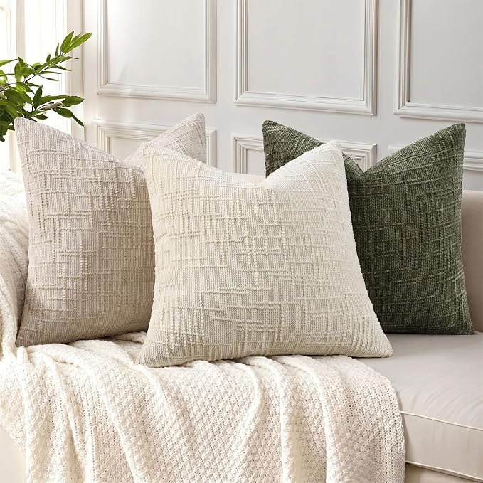 decorUhome Textured Chenille Throw Pillow Covers 26x26 Set of 2 Army Green | Fall Modern Farmhouse Soft Cozy Slubby Couch Pillow Cases Boho Decorative Pillow Cases for Bed Sofa Living Room Home Decor