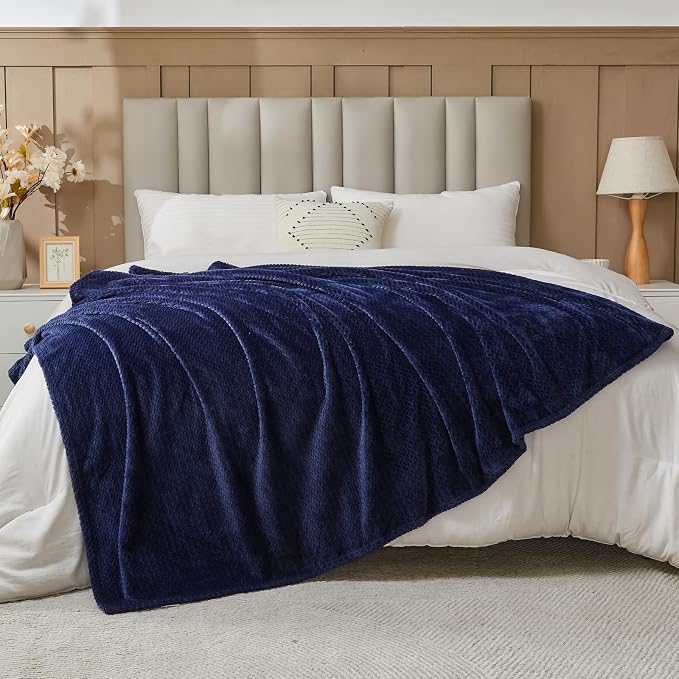 NEWCOSPLAY Fleece Leaves Pattern Queen Blanket, Dark Navy, 90"x90" | Super Soft Throw Blanket, Lightweight Cozy Bed Sofa Blanket, Premium Silky Flannel Fleece, Travel Blanket for All Season Use