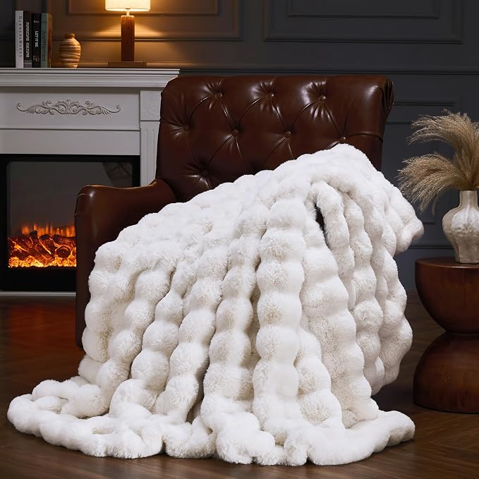Faux Fur Throw Blanket for Couch, Fluffy Fuzzy Plush Bubble Blanket, Soft Warm Cozy Shaggy Rabbit Blanket, Luxury Decorative Gifts for Sofa Bedroom Living Room, 108x90inch (Beige)