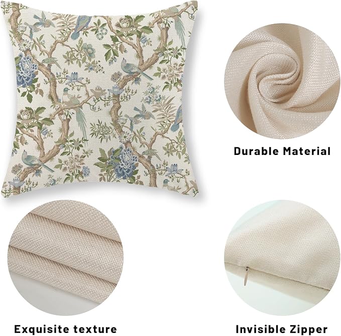 Blue Green Floral Bird Pillow Covers 24x24 Set of 2 Chinoiserie Throw Pillows Green Vintage Flowers Bird Decorative Pillow Cases Outdoor Chinoiserie Decor Farmhouse Cushion Case for Couch Sofa