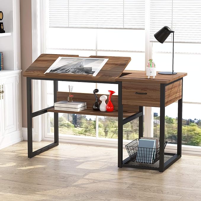 Tribesigns Drafting Table with Storage Drawers, Drawing Computer Desk Artist Craft Table Painting Desk Workstation with Shelves and Tiltable Tabletop for Students, Home Office