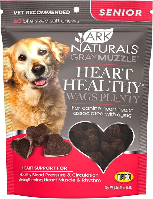 ARK NATURALS Gray Muzzle Heart Healthy Wags Plenty Dog Chews, Vet Recommended for Senior Dogs to Support Heart Muscle, Blood Pressure and Circulation, Natural Ingredients, 60 Count,Red,71002