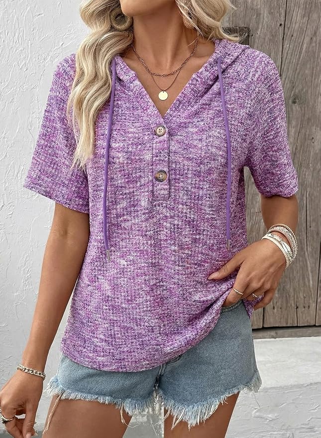 Dokotoo Womens Summer Tops 2026 Short Sleeve Button V Neck Waffle Knit Lightweight Drawstring Hoodies Casual Blouses Shirts