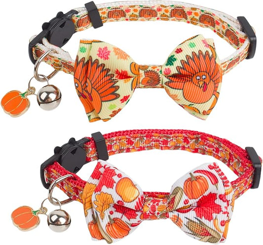 ADOGGYGO Thanksgiving Cat Collars with Bow Bell, Breakaway Fall Kitten Collar with Bowtie Pumpkin Turkey Collar for Girl Boy Cats Kittens