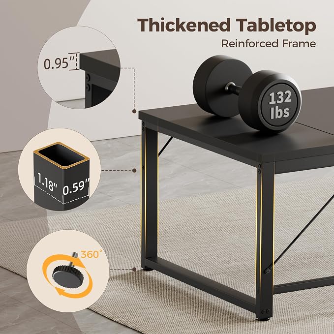 Mericonia 63 Inch Computer Desk, 1" Thick Large Office Table, Black | Modern Simple Style, Heavy Duty Industrial Frame, Large Study & Writing Table for Home Bedroom Work