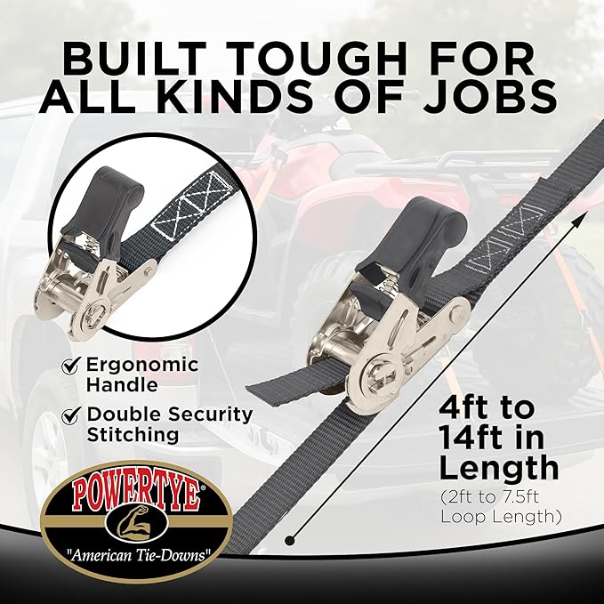 PowerTye - Endless Ratchet Strap - 1in x 4ft Easy Grip (Hookless), Tie Down Strap w/ 400 lb. Working Load Limit / 1,200 lb. Break Strength, Ideal for Motorcycle, ATV, Bike, & Coolers, Red 2-Pack