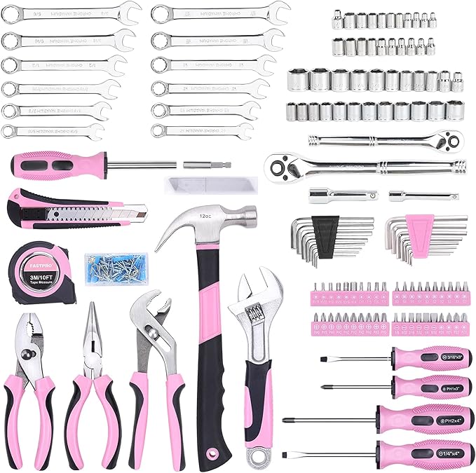 FASTPRO 225-Piece Pink Tool Set, SAE & Metric Mechanics Hand Tool Set with Toolbox, Home/Auto Repairing Tool Kit for DIY, Home Maintenance and Car Repairing