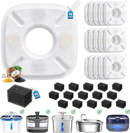 32 Pcs Cat Water Fountain Filters for Veken 95oz/2.8L, 67oz, 85oz, 135oz Dog Water Fountain Automatic Pet Fountain Dog Water Dispenser 16Pcs Pet Fountain Filter Replacement & 16Pcs Pre-Filter Sponges