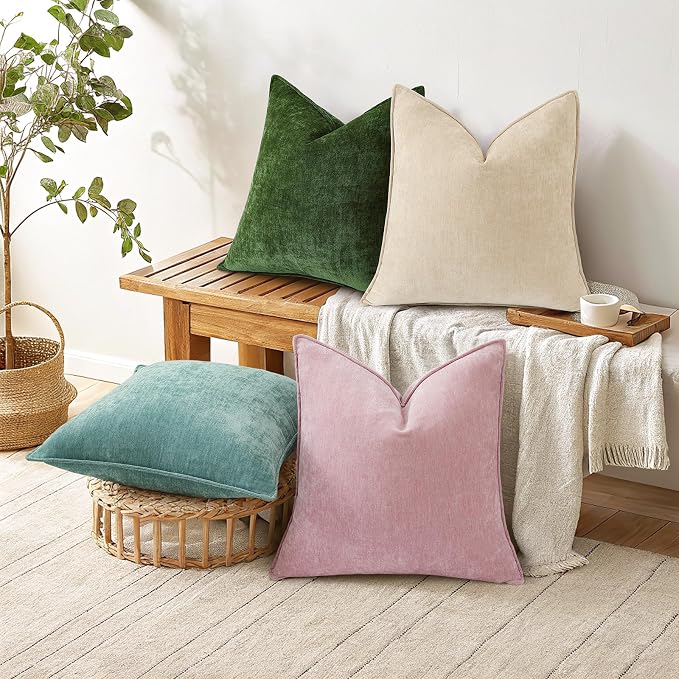 decorUhome Chenille Beige Velvet Throw Pillow Covers 18x18 Set of 2 | Fall Soft Couch Decorative Modern Farmhouse Pillow Cases with Elegant Design for Sofa Bed Living Room Home Decor