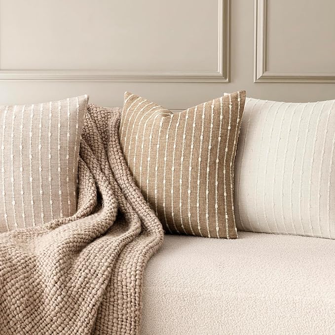 Foindtower Pack of 2 Decorative Jacquard Boucle Throw Pillow Covers Accent Textured Striped Pillowcases Cozy Modern Cushion for Couch Sofa Bedroom Living Room Home Decor 18x18 Inch Camel