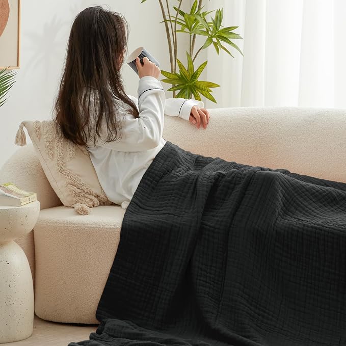 Love's cabin 100% Cotton Muslin Blanket, 6 Layer Lightweight Breathable Gauze Large Throw Blanket 50 x 70 Inches, Soft Cooling All Season Blanket for Couch or Sofa, Black