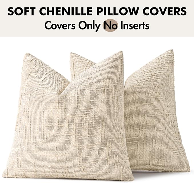 MIULEE Chenille Textured Euro Throw Pillow Covers Beige 22x22 Set of 2 | Slubby Decorative Pillows, Boho Farmhouse Home Decor, Modern Neutral Cushion Covers for Couch Sofa Bed Living Room