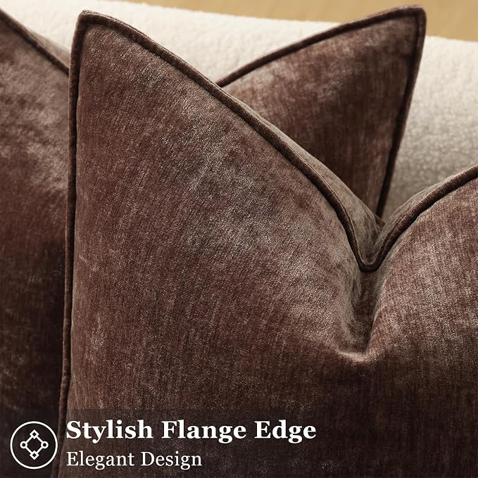 decorUhome Chenille Dark Brown Velvet Throw Pillow Covers 26x26 Set of 2 | Fall Soft Euro Sham Couch Decorative Modern Farmhouse Pillow Cases with Elegant Design for Sofa Bed Living Room Home Decor